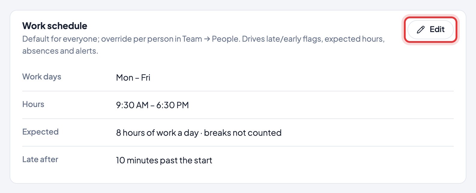 Settings → Organization → Work schedule