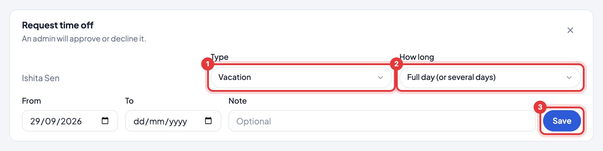 Activity → Request time off