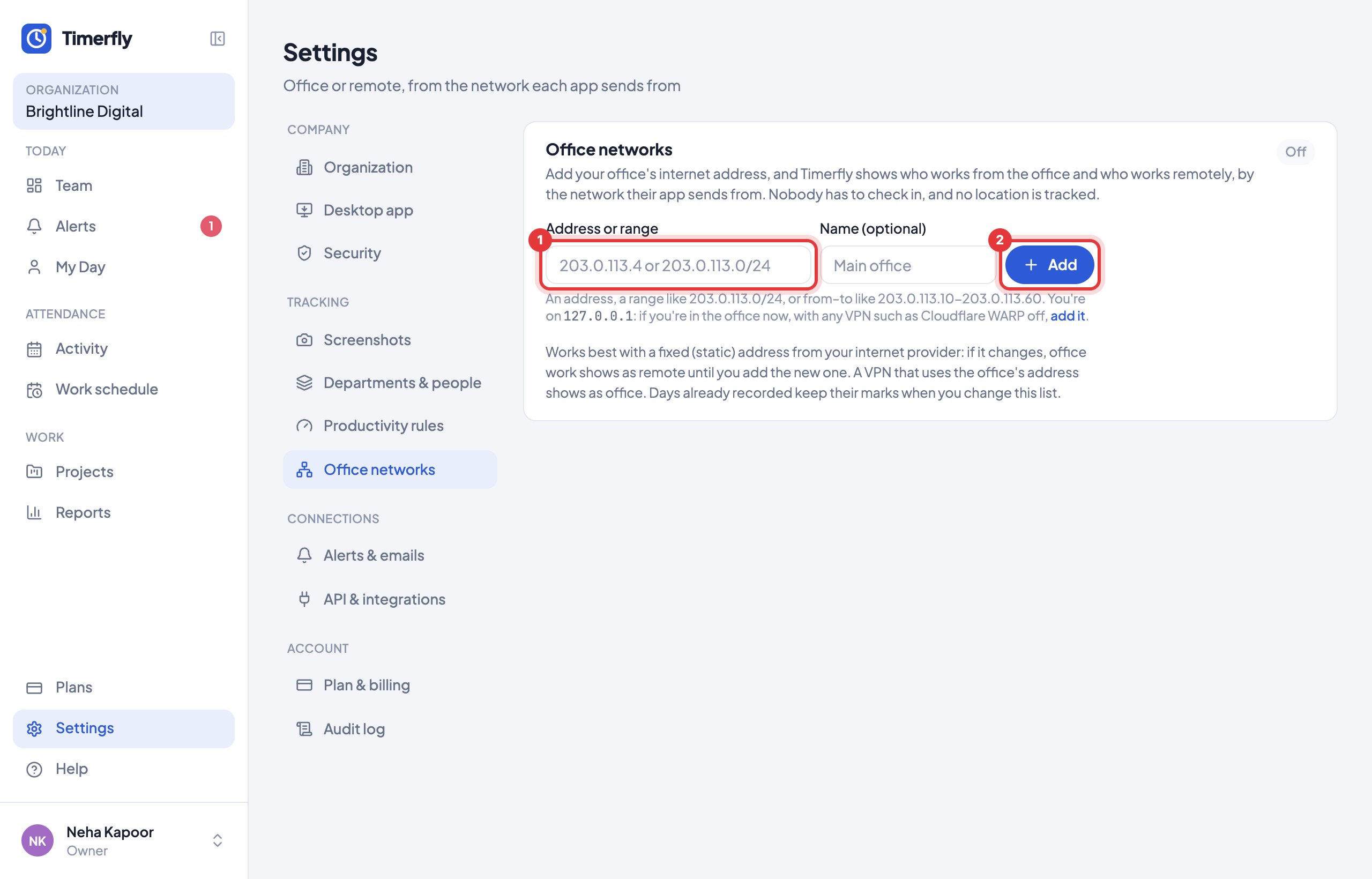 Settings → Office networks