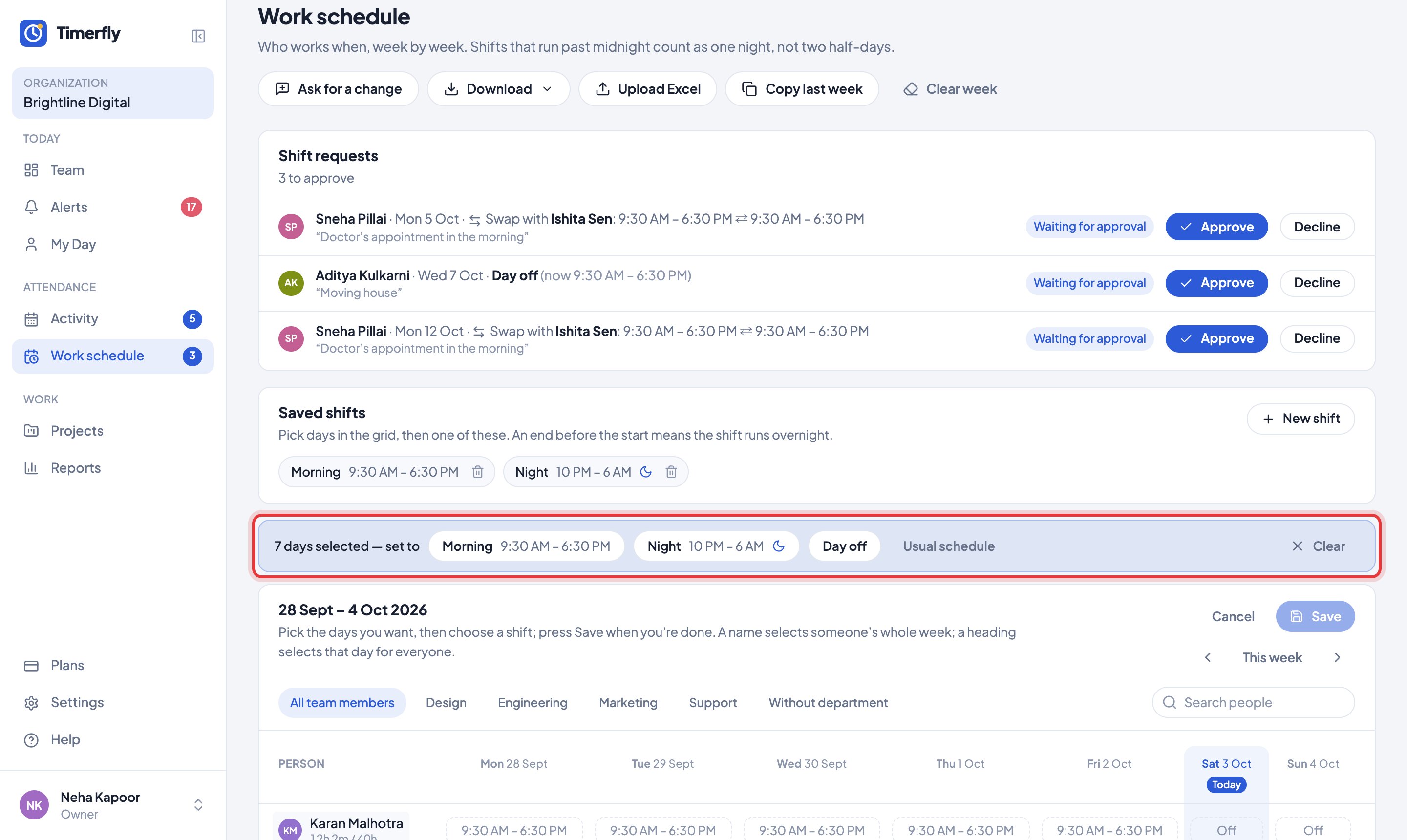 Work schedule, with days selected