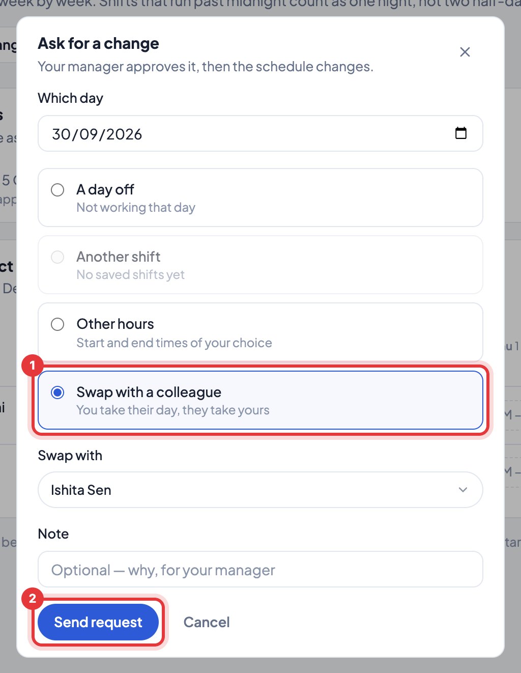 Work schedule → Ask for a change